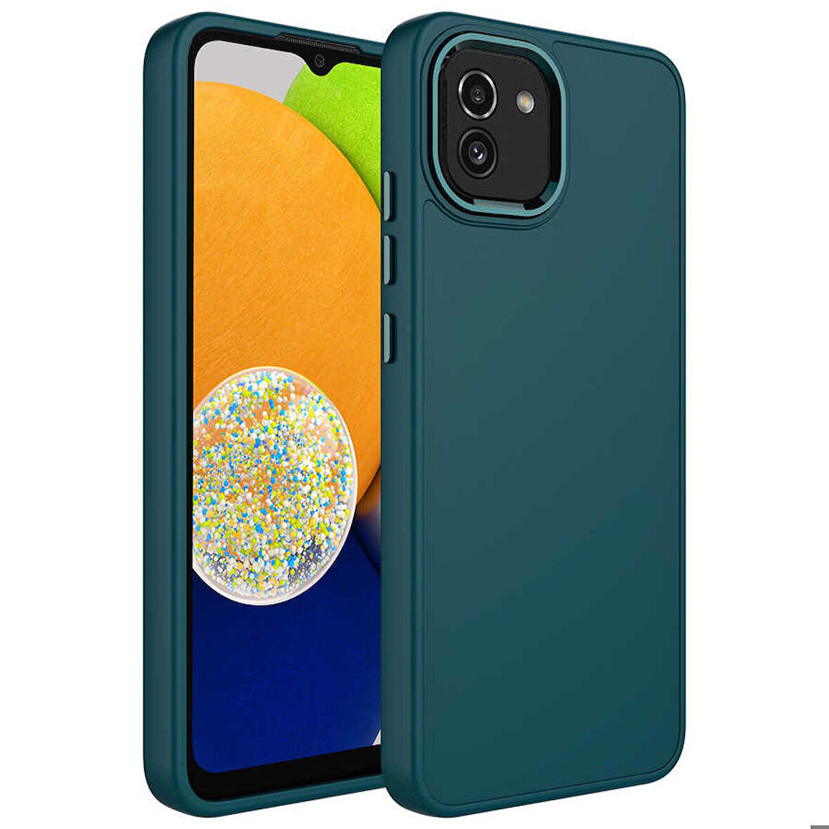 Galaxy A03 Uyumlu Metal Çerçeve ve Buton Tasarımlı Silikon Zore Luna Kapak-Koyu Yeşil