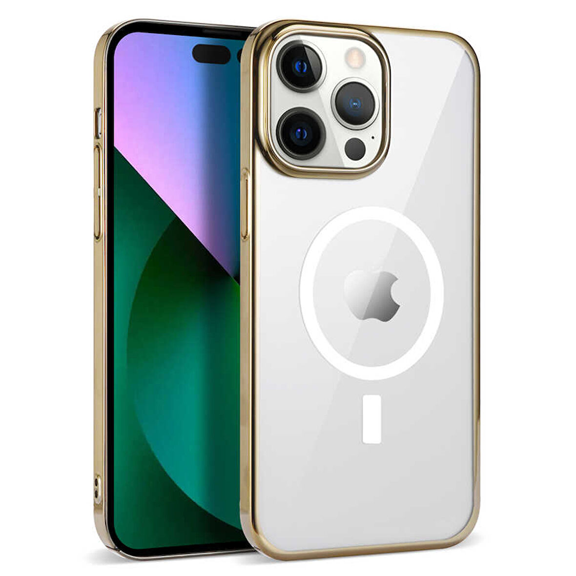 Apple iPhone 14 Pro Kılıf Zore Wireless Şarj Özellikli Pixel Magsafe Kapak-Gold