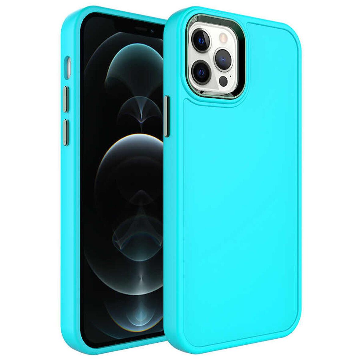 iPhone 12 Pro Uyumlu Metal Çerçeve ve Buton Tasarımlı Sert Zore Botox Kılıf-Turkuaz