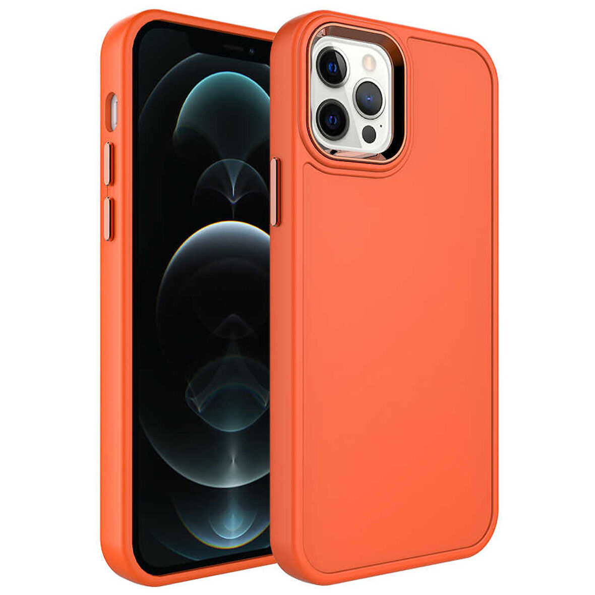 Apple iPhone 12 Pro Max Kılıf Metal Çerçeve ve Buton Tasarımlı Sert Zore Botox Kapak-Turuncu
