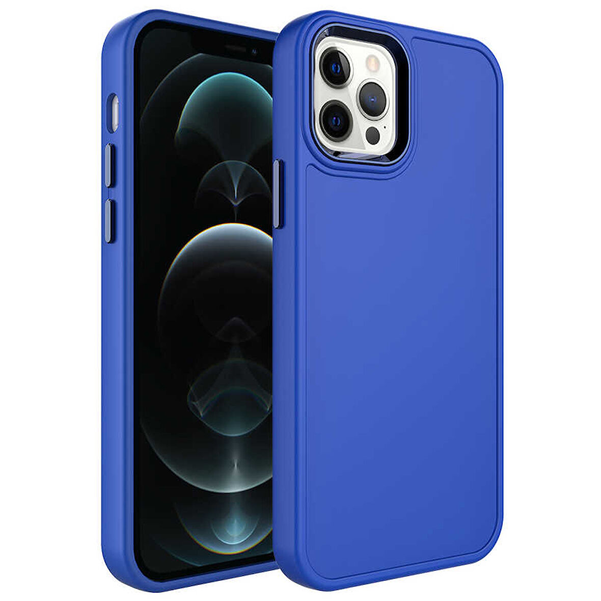 iPhone 12 Pro Max Uyumlu Metal Çerçeve ve Buton Tasarımlı Sert Zore Botox Kılıf-Saks Mavi