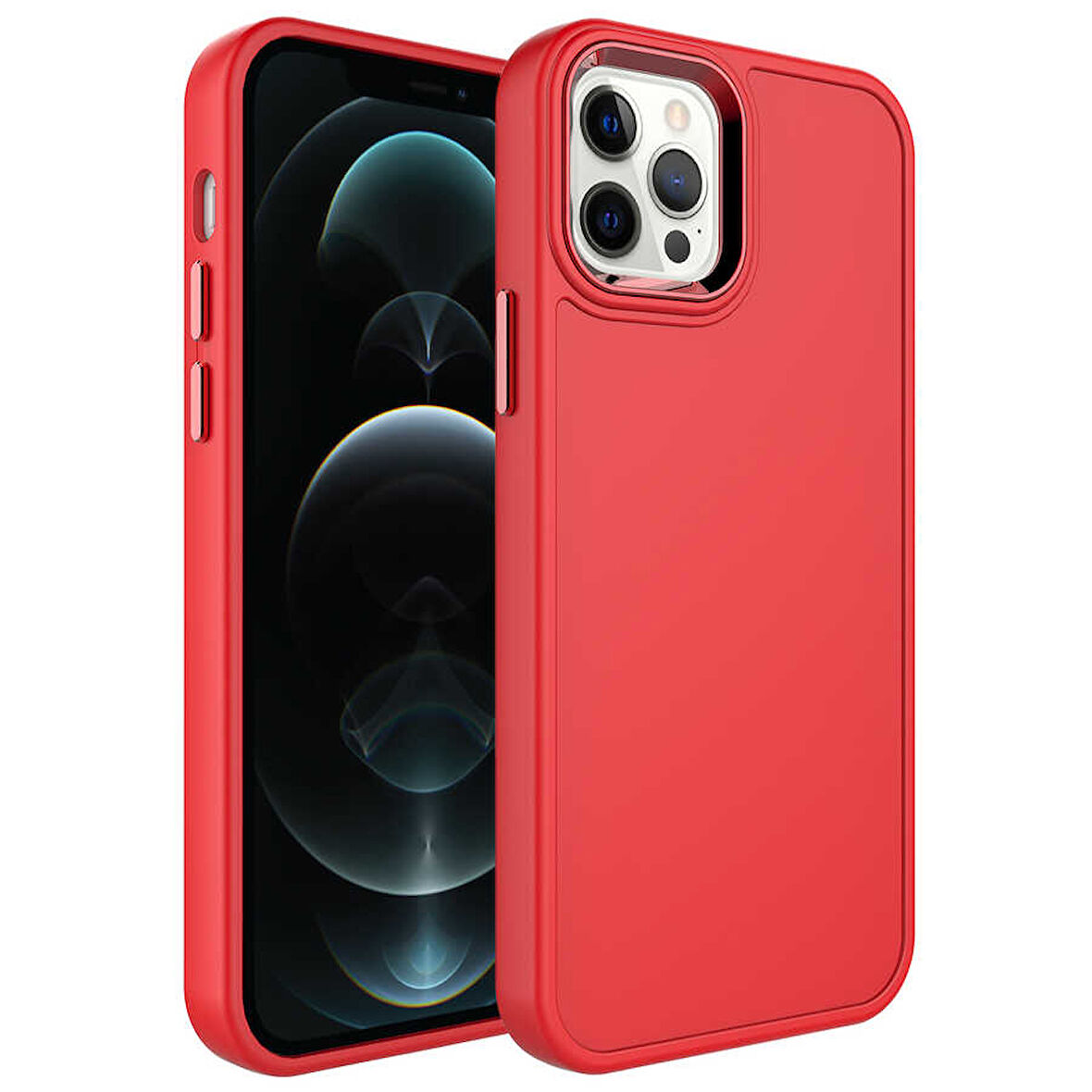 iPhone 12 Pro Max Uyumlu Metal Çerçeve ve Buton Tasarımlı Sert Zore Botox Kılıf-Kırmızı