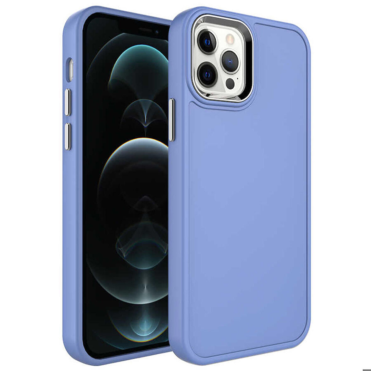 iPhone 12 Pro Max Uyumlu Metal Çerçeve ve Buton Tasarımlı Sert Zore Botox Kapak-Lavendery Gray
