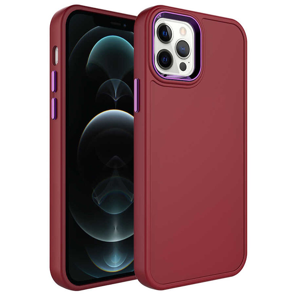 iPhone 12 Pro Max Uyumlu Metal Çerçeve ve Buton Tasarımlı Sert Zore Botox Kılıf-Koyu Mor