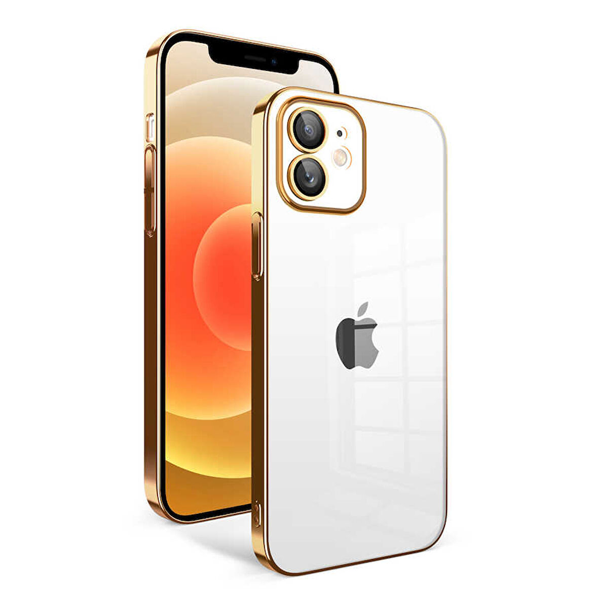 iPhone 12 Uyumlu Kamera Korumalı Renkli Çerçeveli Zore Garaj Kılıf-Gold
