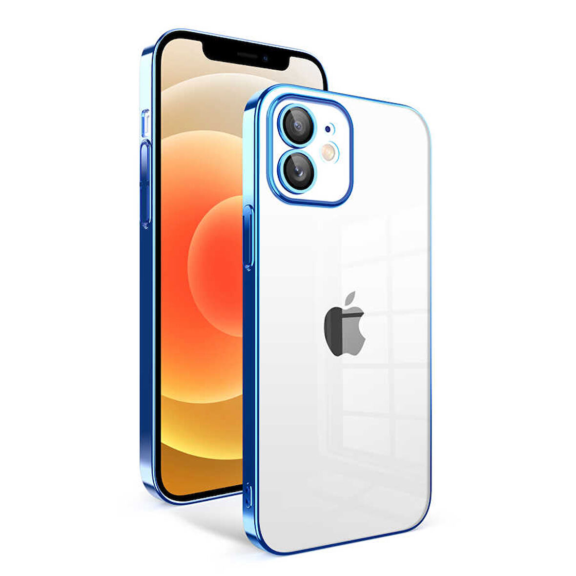 iPhone 12 Uyumlu Kamera Korumalı Renkli Çerçeveli Zore Garaj Kılıf-Saks Mavi