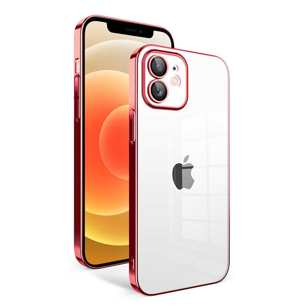 iPhone 12 Uyumlu Kamera Korumalı Renkli Çerçeveli Zore Garaj Kılıf-Kırmızı