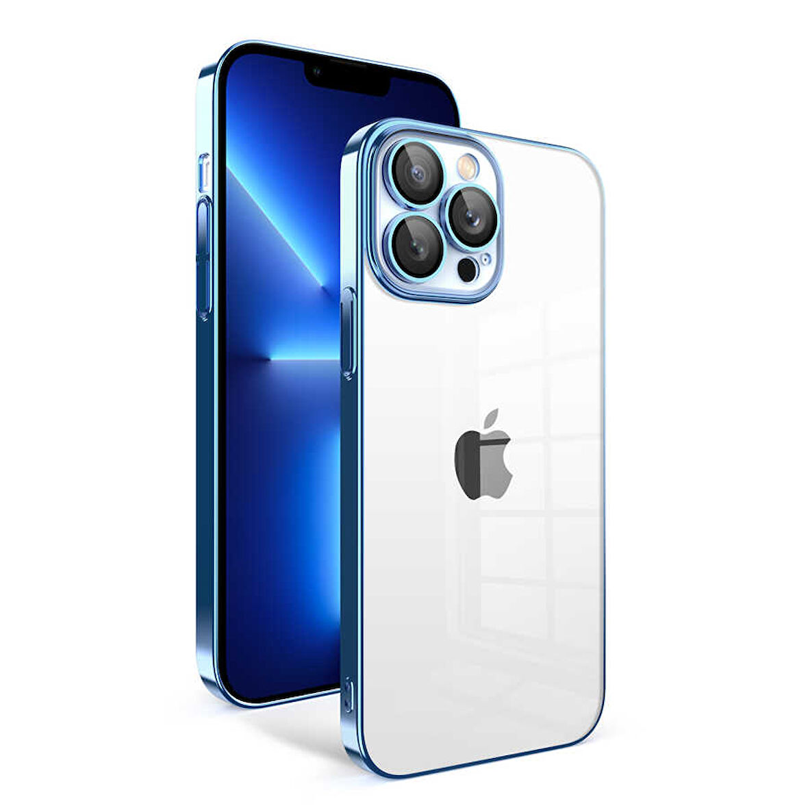 iPhone 12 Pro Uyumlu Kamera Korumalı Renkli Çerçeveli Zore Garaj Kılıf-Mavi Açık