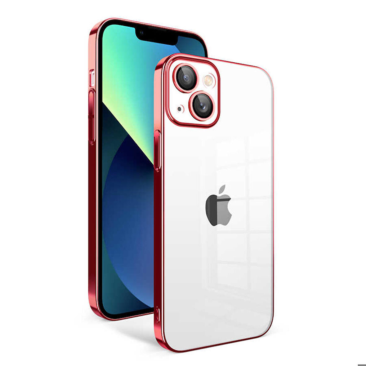 iPhone 13 Uyumlu Kamera Korumalı Renkli Çerçeveli Ensueno Garaj Kapak-Kırmızı