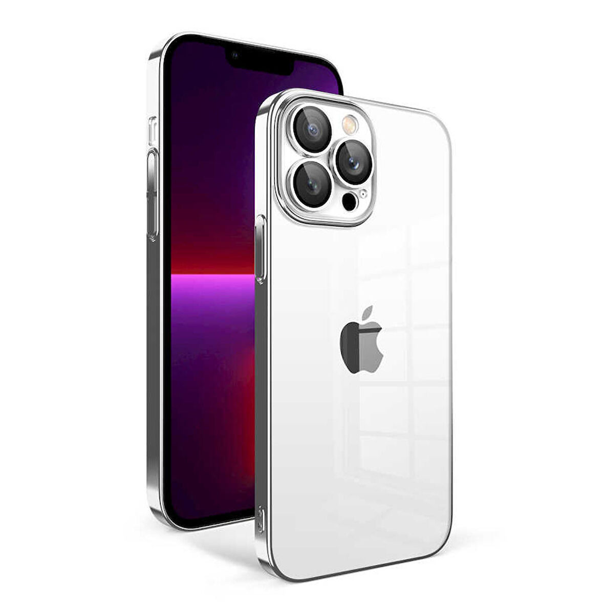 iPhone 13 Pro Uyumlu Kamera Korumalı Renkli Çerçeveli Ensueno Garaj Kapak-Gümüş