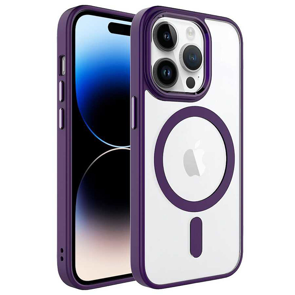 iPhone 14 Pro Max Uyumlu Wireless Şarj Özellikli Zore Krom Magsafe Silikon Kılıf-Derin Mor