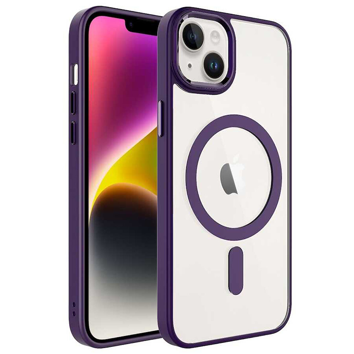 iPhone 14 Plus Uyumlu Wireless Şarj Özellikli Zore Krom Magsafe Silikon Kılıf-Derin Mor