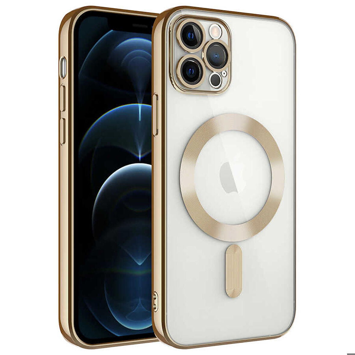 iPhone 12 Pro Uyumlu Kamera Korumalı Magsafe Wireless Şarj Özellikli Ensueno Demre Kapak-Gold