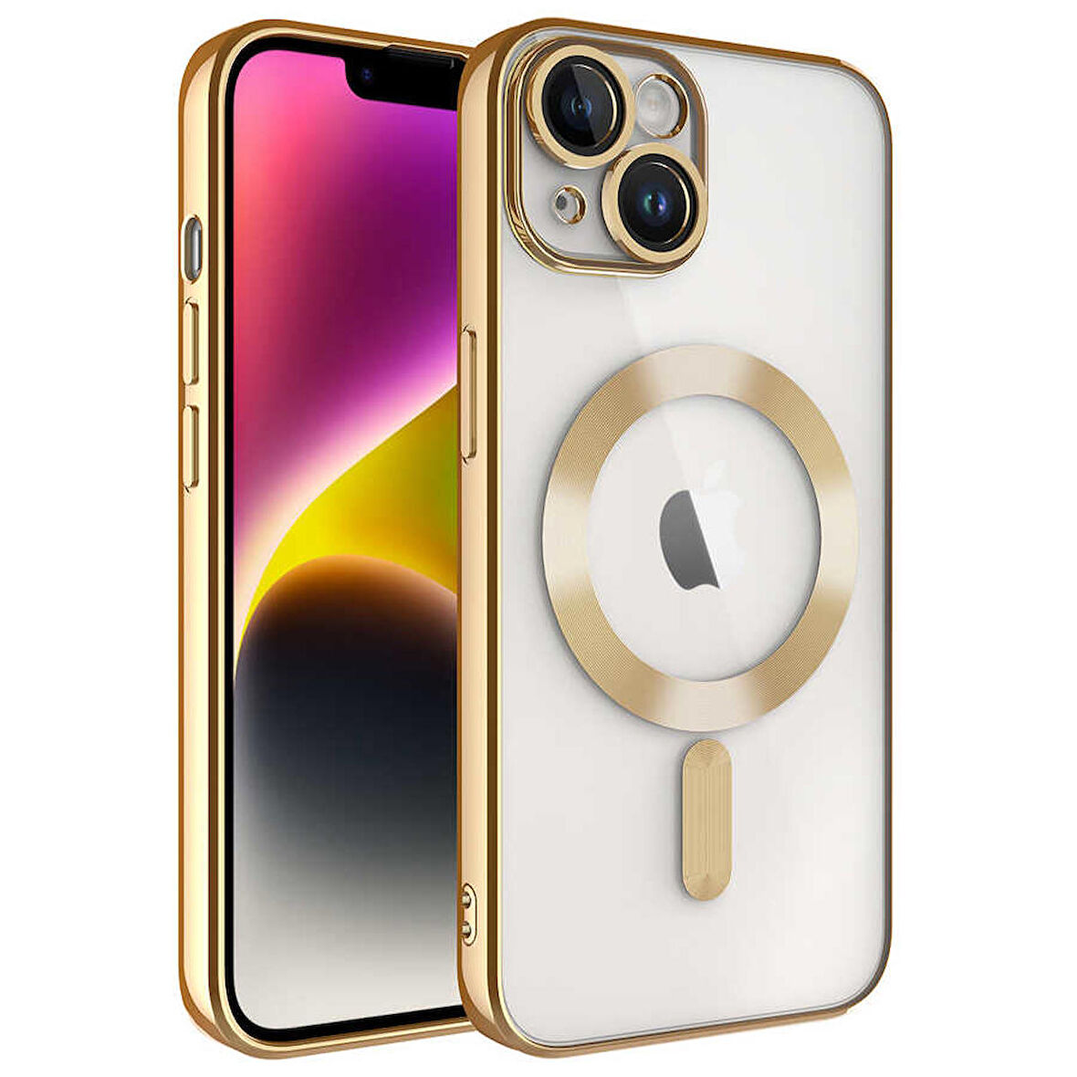 iPhone 13 Uyumlu Kamera Korumalı Magsafe Wireless Şarj Özellikli Zore Demre Kapak-Gold