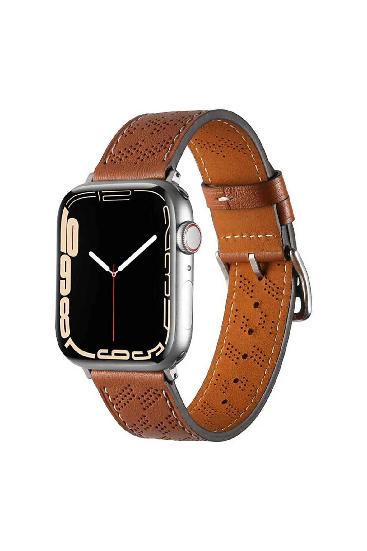 Apple Watch 7 45mm Uyumlu Krd-76 Pu Deri Kordon Strap Kayış - Kahverengi