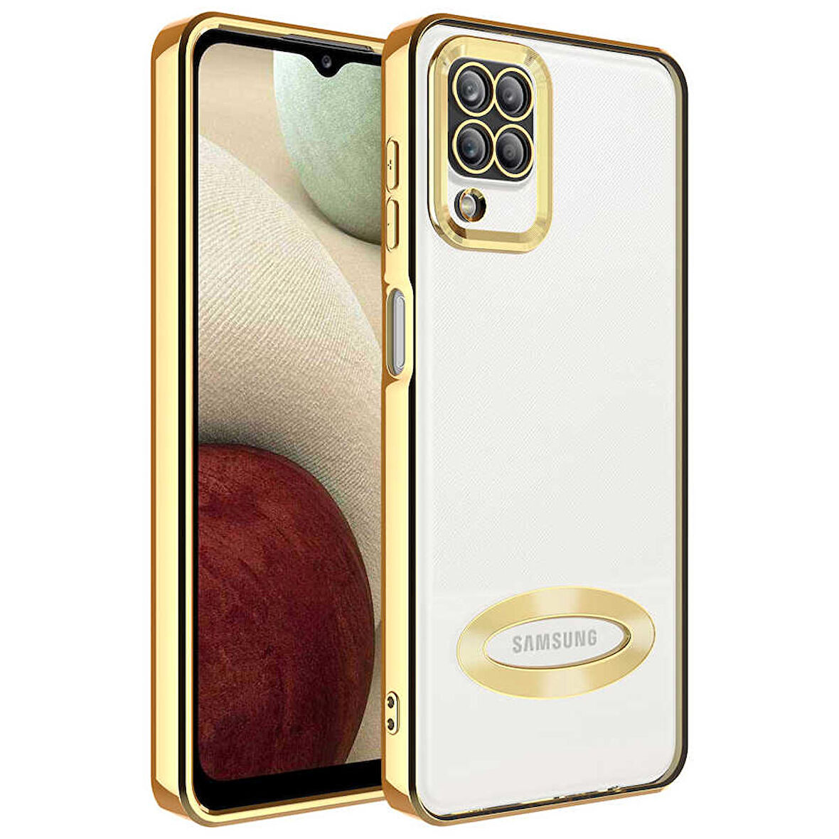 Galaxy M12 Uyumlu Kamera Korumalı Logo Gösteren Zore Omega Kapak-Gold