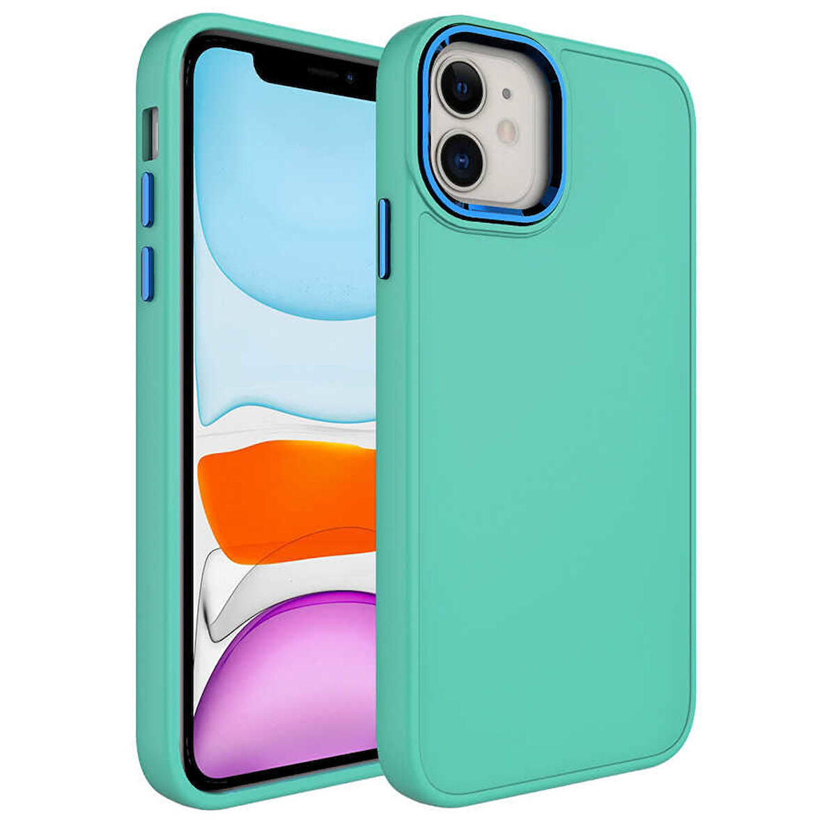 iPhone 11 Uyumlu Metal Çerçeve ve Buton Tasarımlı Silikon Zore Luna Kılıf-Mavi Açık