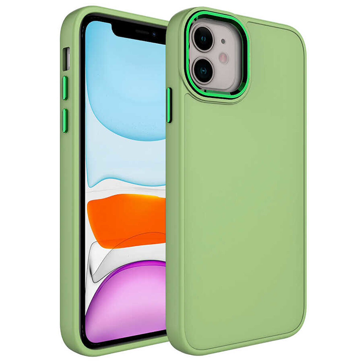 iPhone 11 Uyumlu Metal Çerçeve ve Buton Tasarımlı Silikon Zore Luna Kılıf-Yeşil