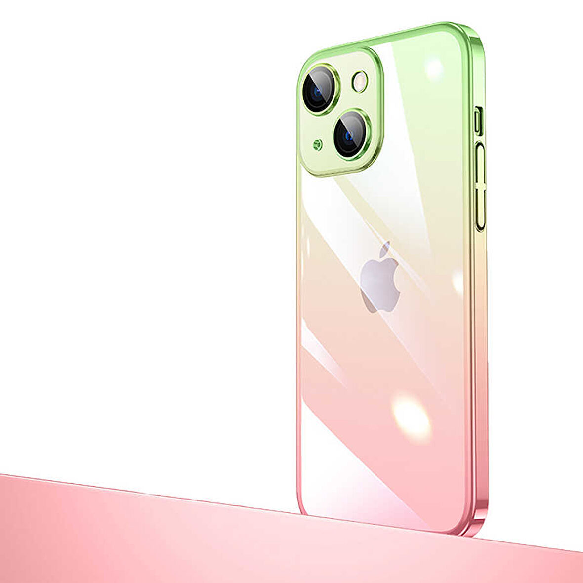 iPhone 14 Plus Uyumlu Parlak Renk Geçişli Kamera Korumalı Zore Senkron Kılıf-Pembe-Yeşil