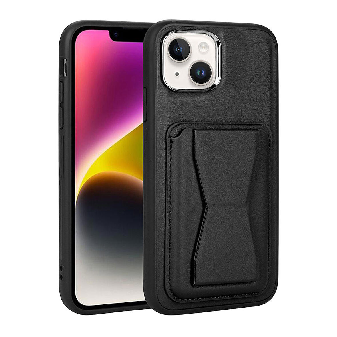 iPhone 14 Uyumlu Kartlıklı Standlı ​Pu Deri Zore Memo Kapak-Siyah