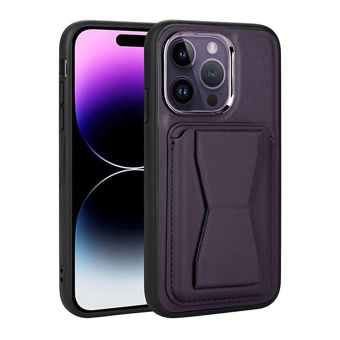 iPhone 14 Pro Uyumlu Kartlıklı Standlı ​Pu Deri Zore Memo Kapak-Koyu Mor