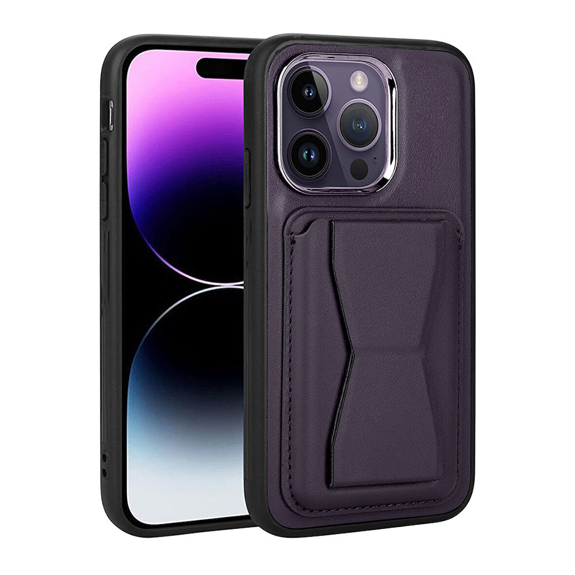 iPhone 14 Pro Uyumlu Kartlıklı Standlı ​Pu Deri Zore Memo Kılıf-Koyu Mor