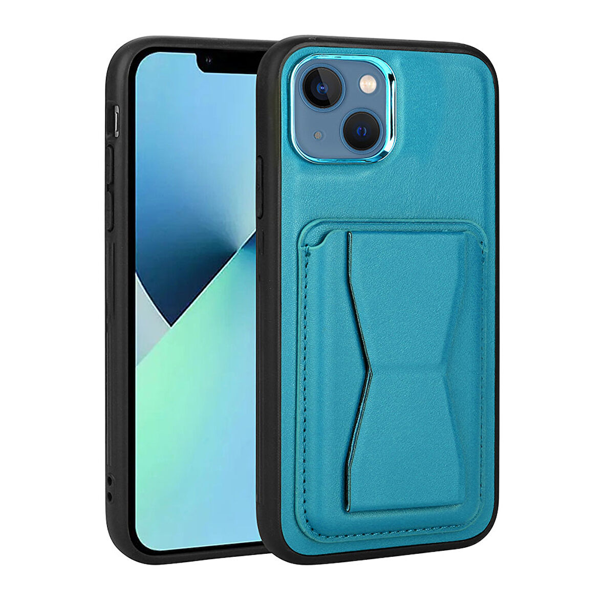 iPhone 13 Uyumlu Kartlıklı Standlı ​Pu Deri Zore Memo Kılıf-Mavi