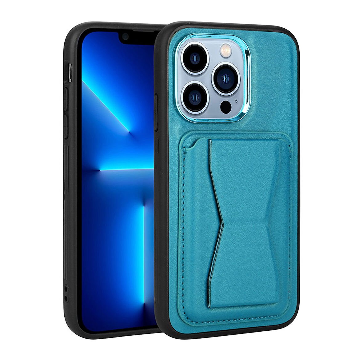 Apple iPhone 13 Pro Max Kılıf Kartlıklı Standlı ​Pu Deri Zore Memo Kapak-Mavi