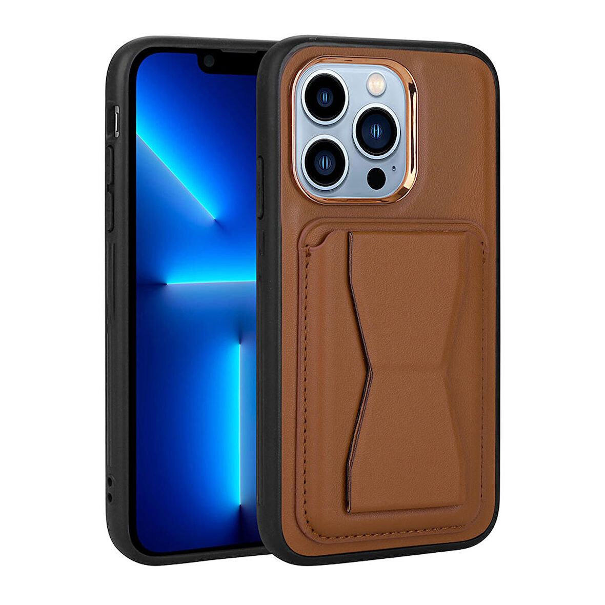 iPhone 12 Pro Max Uyumlu Kartlıklı Standlı ​Pu Deri Zore Memo Kapak-Kahverengi