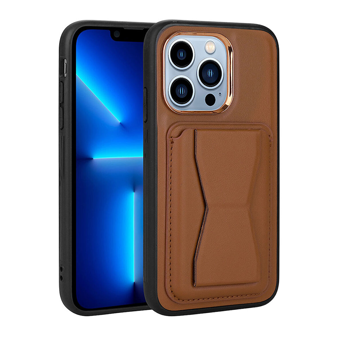 iPhone 12 Pro Max Uyumlu Kartlıklı Standlı ​Pu Deri Zore Memo Kılıf-Kahverengi