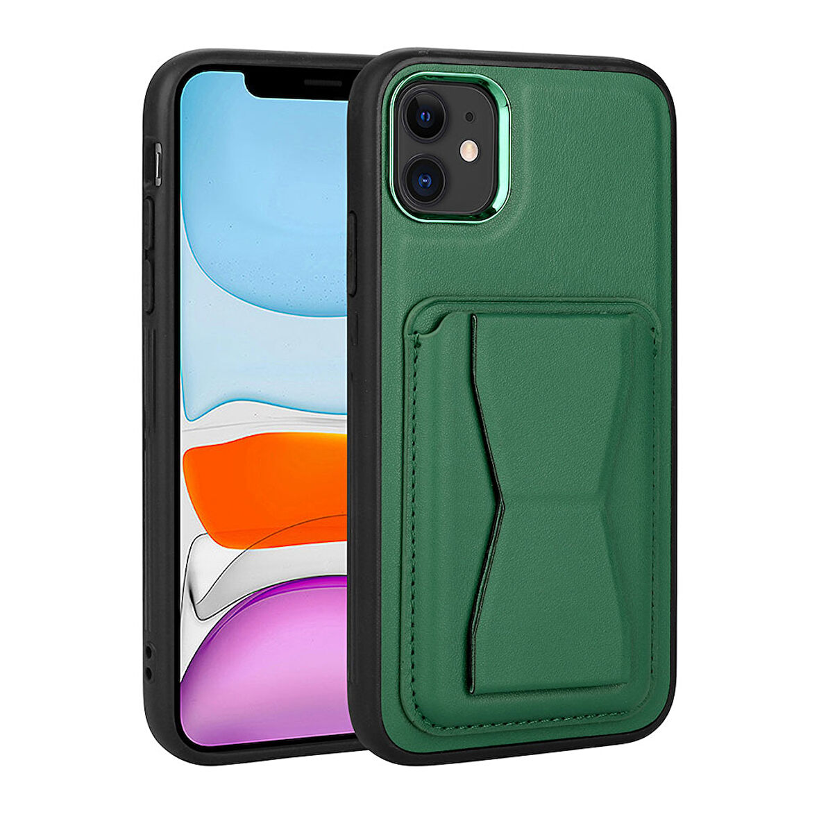 iPhone 11 Uyumlu Kartlıklı Standlı ​Pu Deri Zore Memo Kılıf-Koyu Yeşil