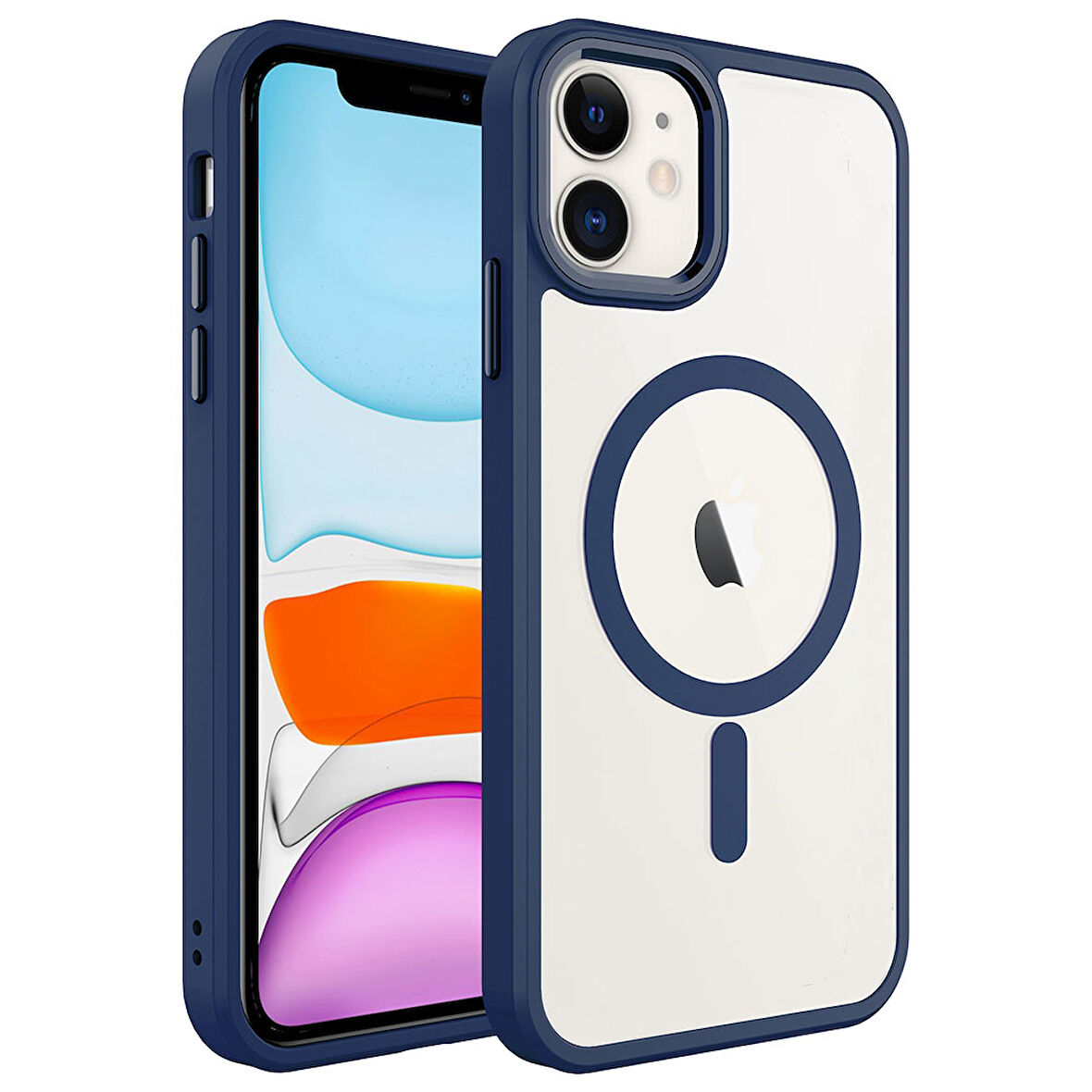 iPhone 11 Uyumlu Wireless Şarj Özellikli Zore Krom Magsafe Silikon Kılıf-Lacivert