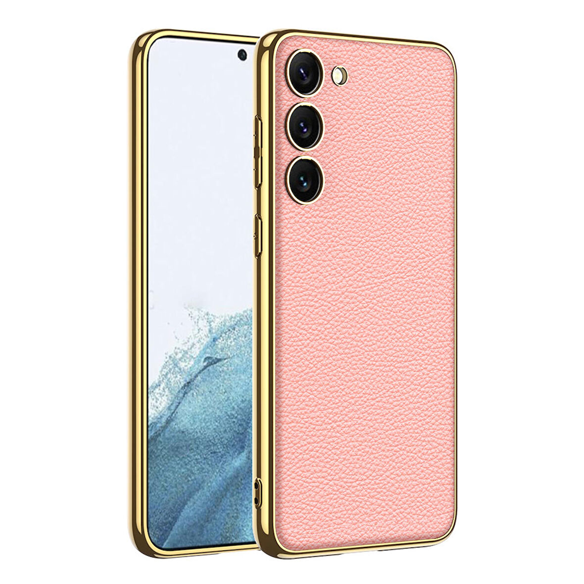 Galaxy S23 Uyumlu Deri Görünümlü Kenarları Elektroplating Kaplama Zore Fizyon Kılıf-Pembe