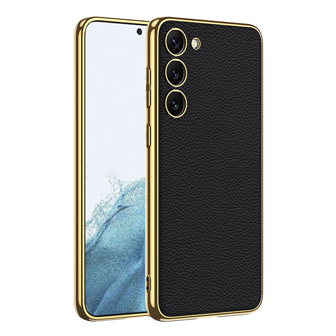 Galaxy S23 Plus Uyumlu Deri Görünümlü Kenarları Elektroplating Kaplama Zore Fizyon Kılıf-Siy