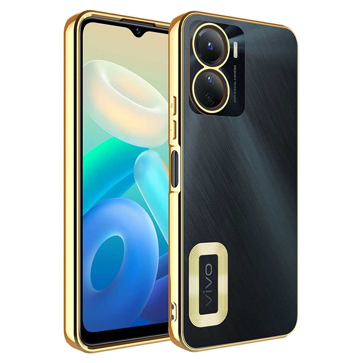 Vivo Y16 Kılıf Kamera Korumalı Logo Gösteren Zore Omega Kapak-Gold