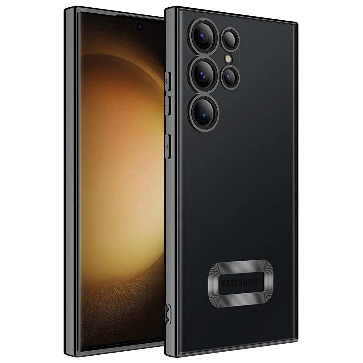 Galaxy S23 Ultra Uyumlu Kamera Korumalı Logo Gösteren Zore Omega Kapak-Siyah