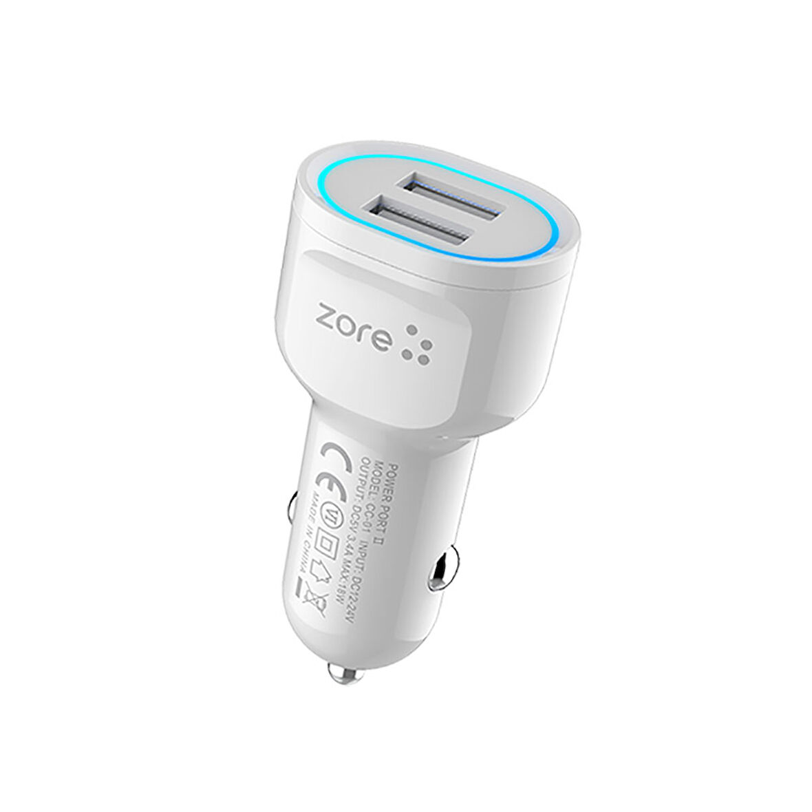 Beyaz CC-01 Hızlı Şarj Özellikli LED Işıklı Dual USB Araç Şarj Başlığı 18W Zore-ENS