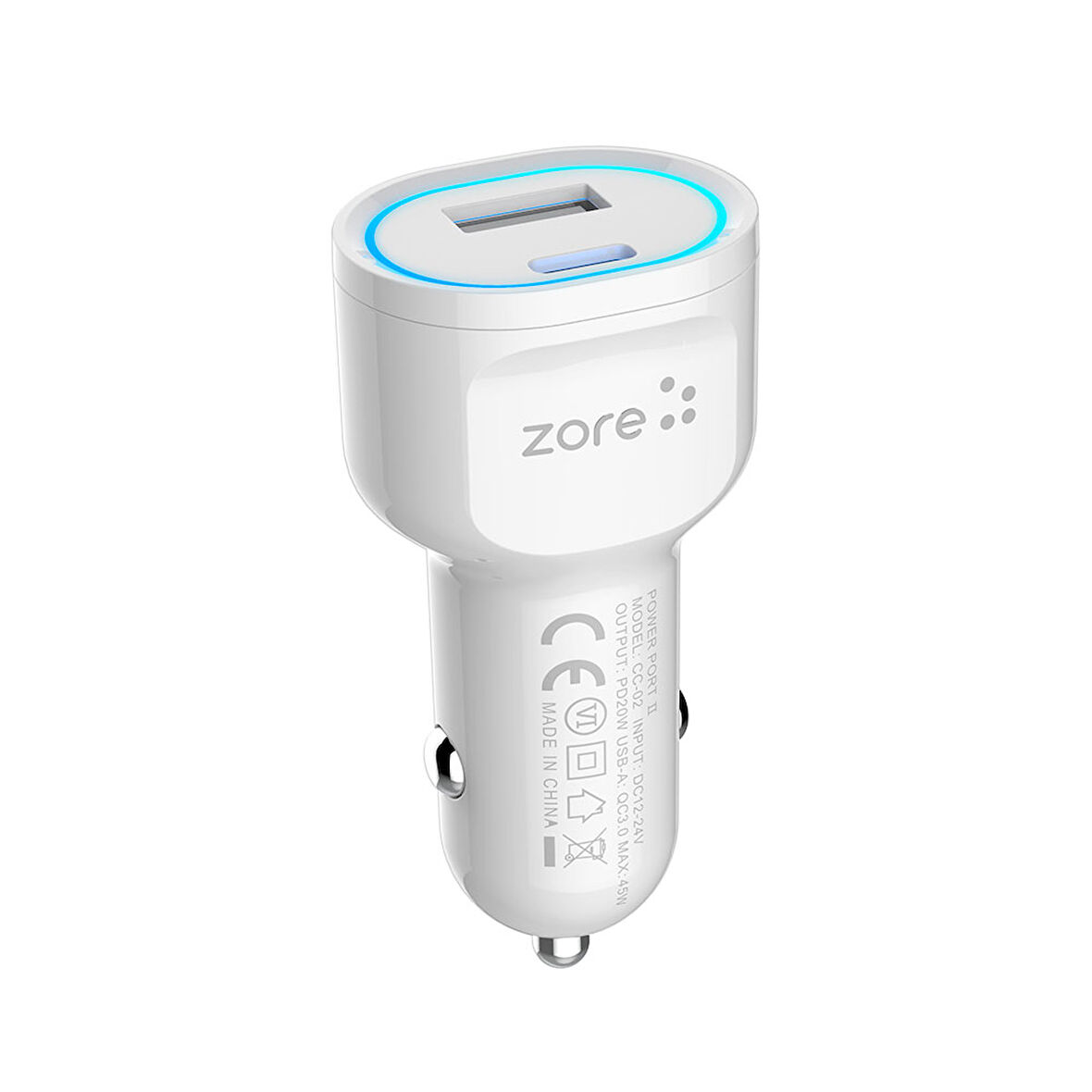 Beyaz CC-02 Hızlı Şarj Özellikli LED Işıklı QC 3.0 USB-A ve Type-C PD Araç Şarj Başlığı PD 20W Zore-CBP