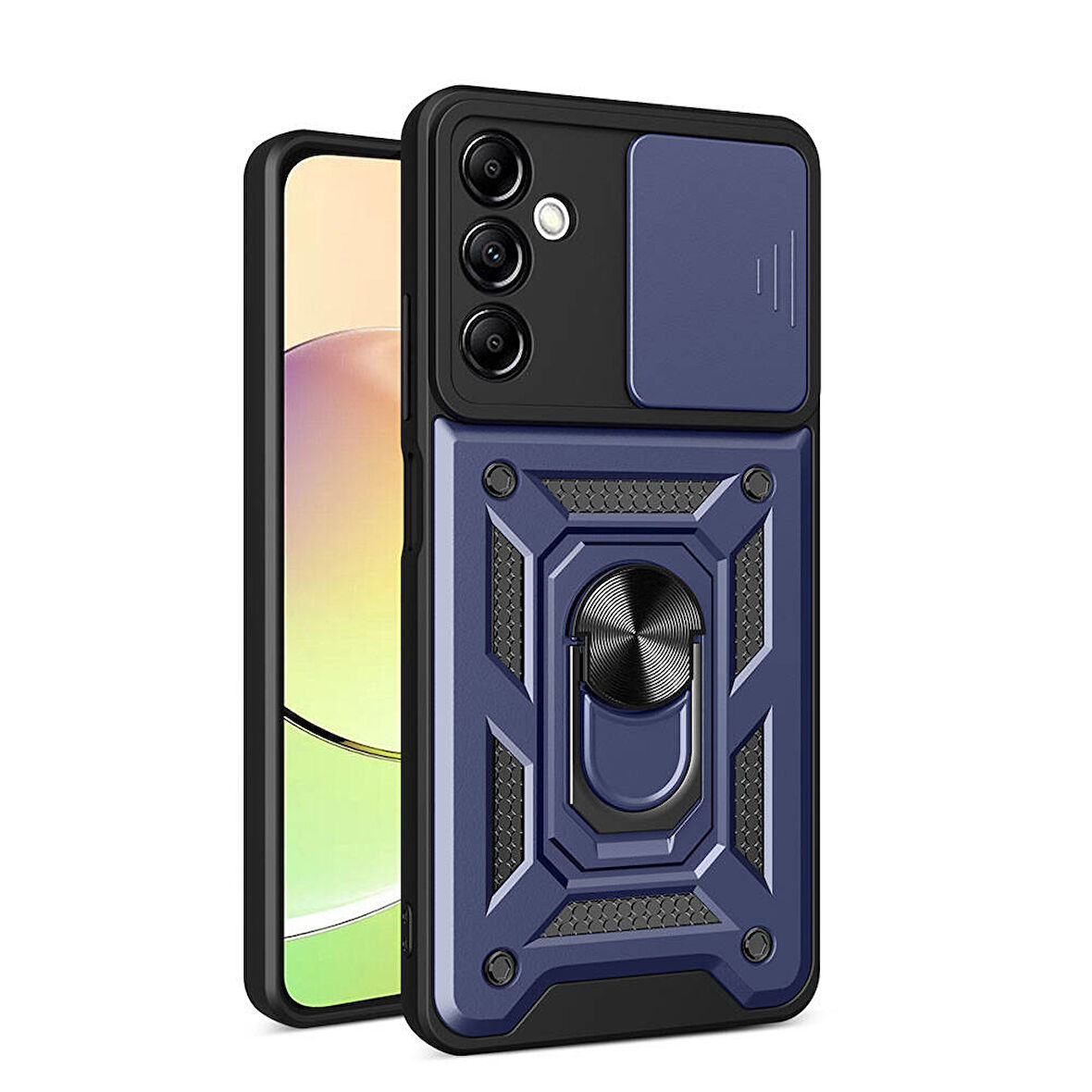 Galaxy A14 Kılıf Magnetik Standlı Kamera Korumalı Zore Sürgülü Vega Kapak-Mavi