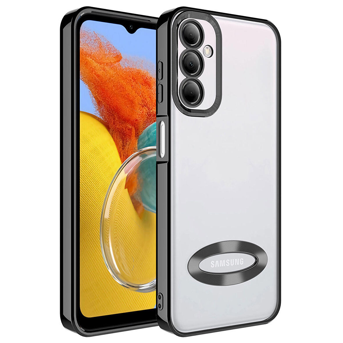 Galaxy M14 Kamera Lens Korumalı Logo Açık Arkası Şeffaf Parlak Kenarlı Omega Kılıf