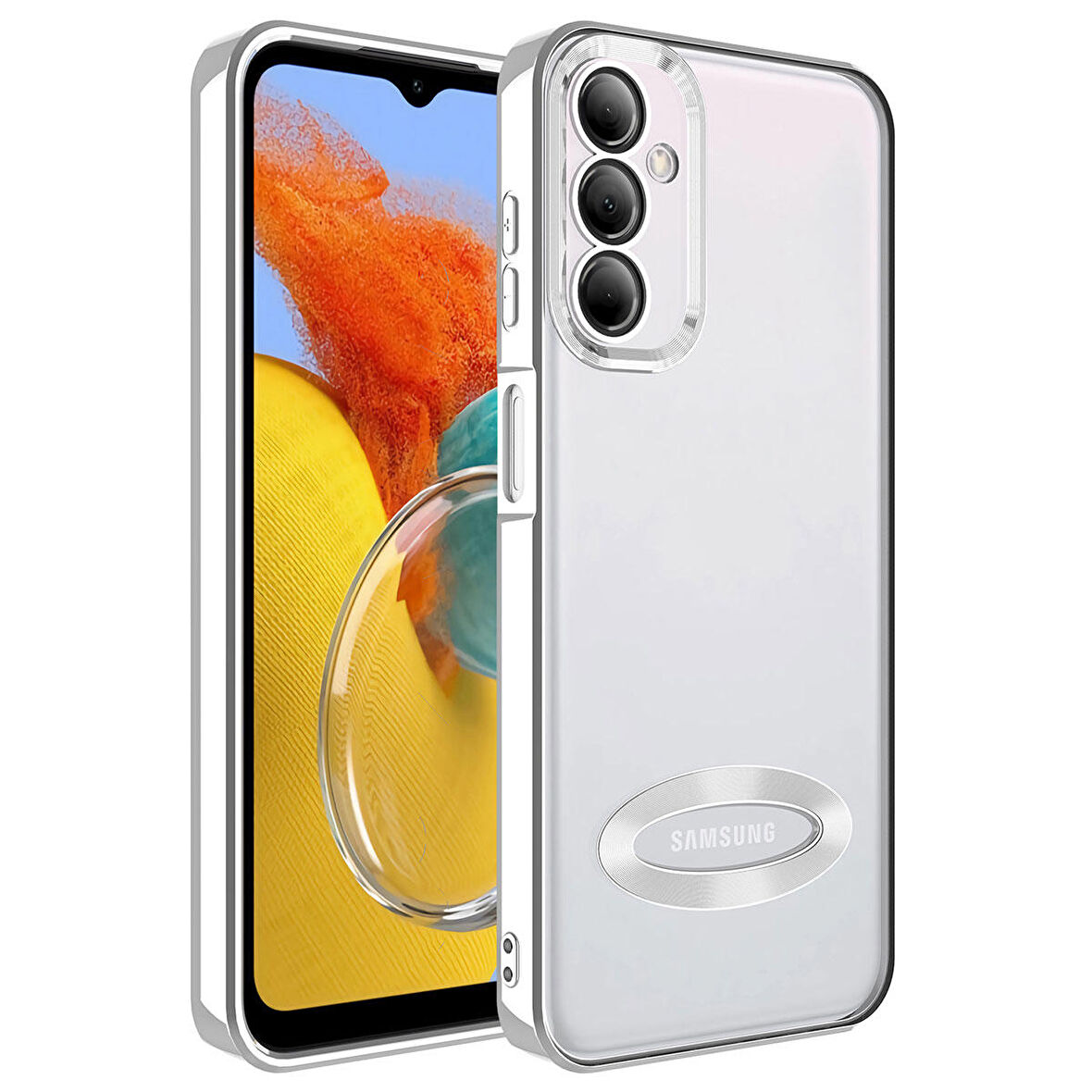 Galaxy M14 Kamera Lens Korumalı Logo Açık Arkası Şeffaf Parlak Kenarlı Omega Kılıf