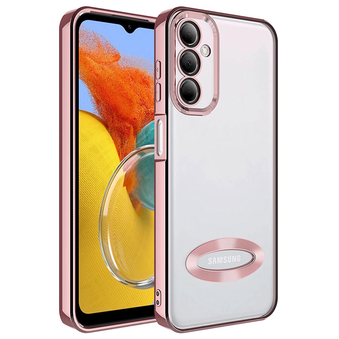 Galaxy M14 Kamera Lens Korumalı Logo Açık Arkası Şeffaf Parlak Kenarlı Omega Kılıf