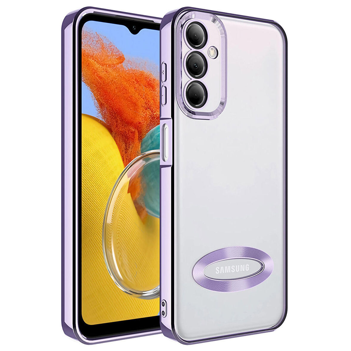 Galaxy M14 Kamera Lens Korumalı Logo Açık Arkası Şeffaf Parlak Kenarlı Omega Kılıf