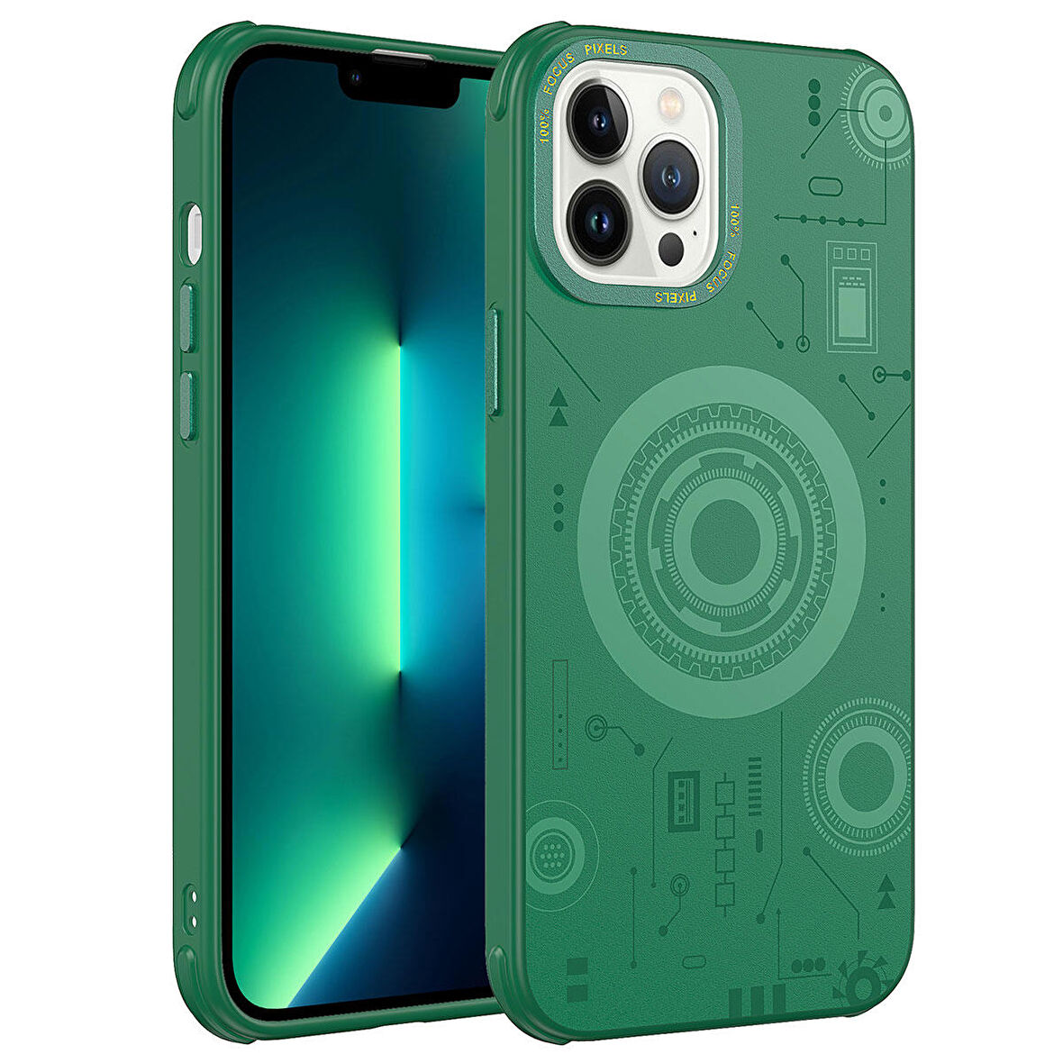 iPhone 13 Pro Uyumlu Ensueno Wireless Şarj Özellikli Desenli Hot Kapak-Koyu Yeşil