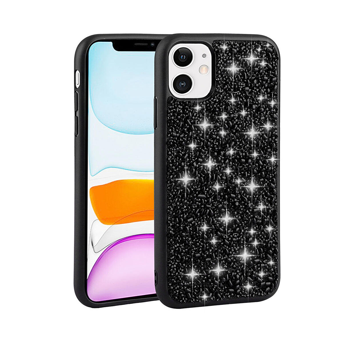 iPhone 11 Uyumlu Parlak Taşlı Tasarım Zore Linea Kapak-Siyah