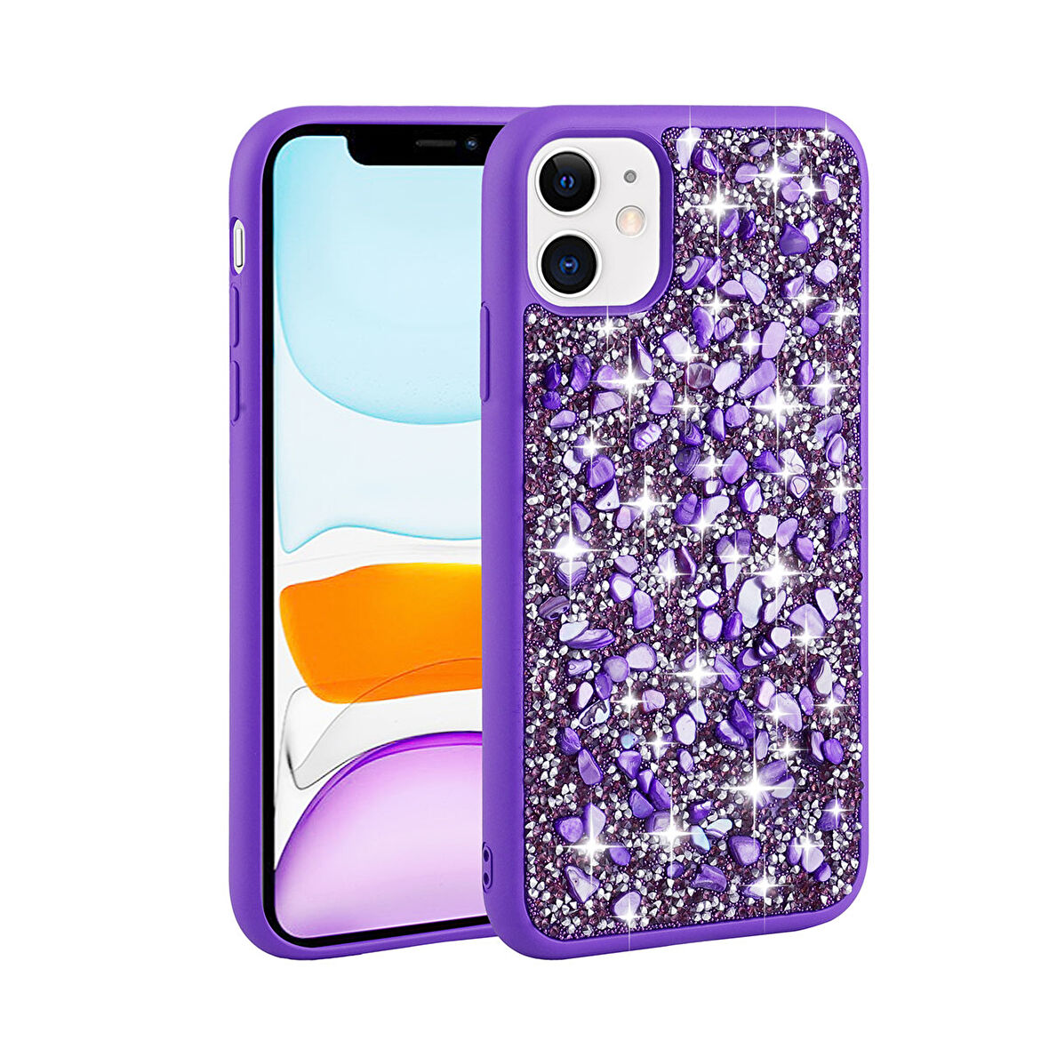 iPhone 11 Uyumlu Parlak Taşlı Tasarım Zore Linea Kılıf-Mor