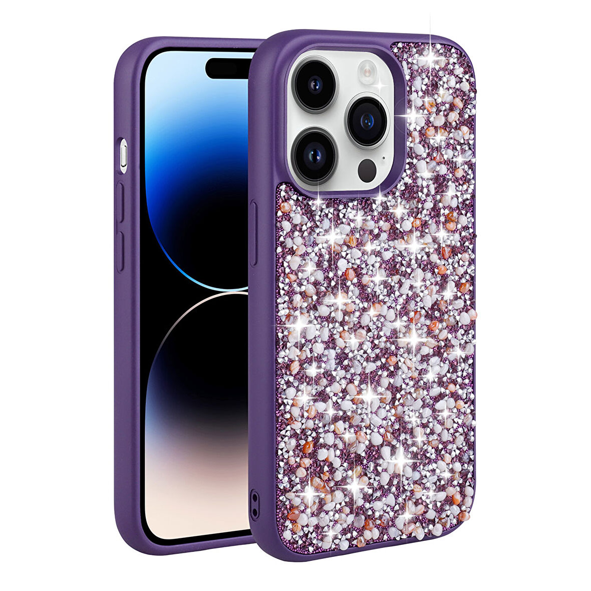 Apple iPhone 14 Pro Kılıf Parlak Taşlı Tasarım Zore Linea Kapak-Derin Mor