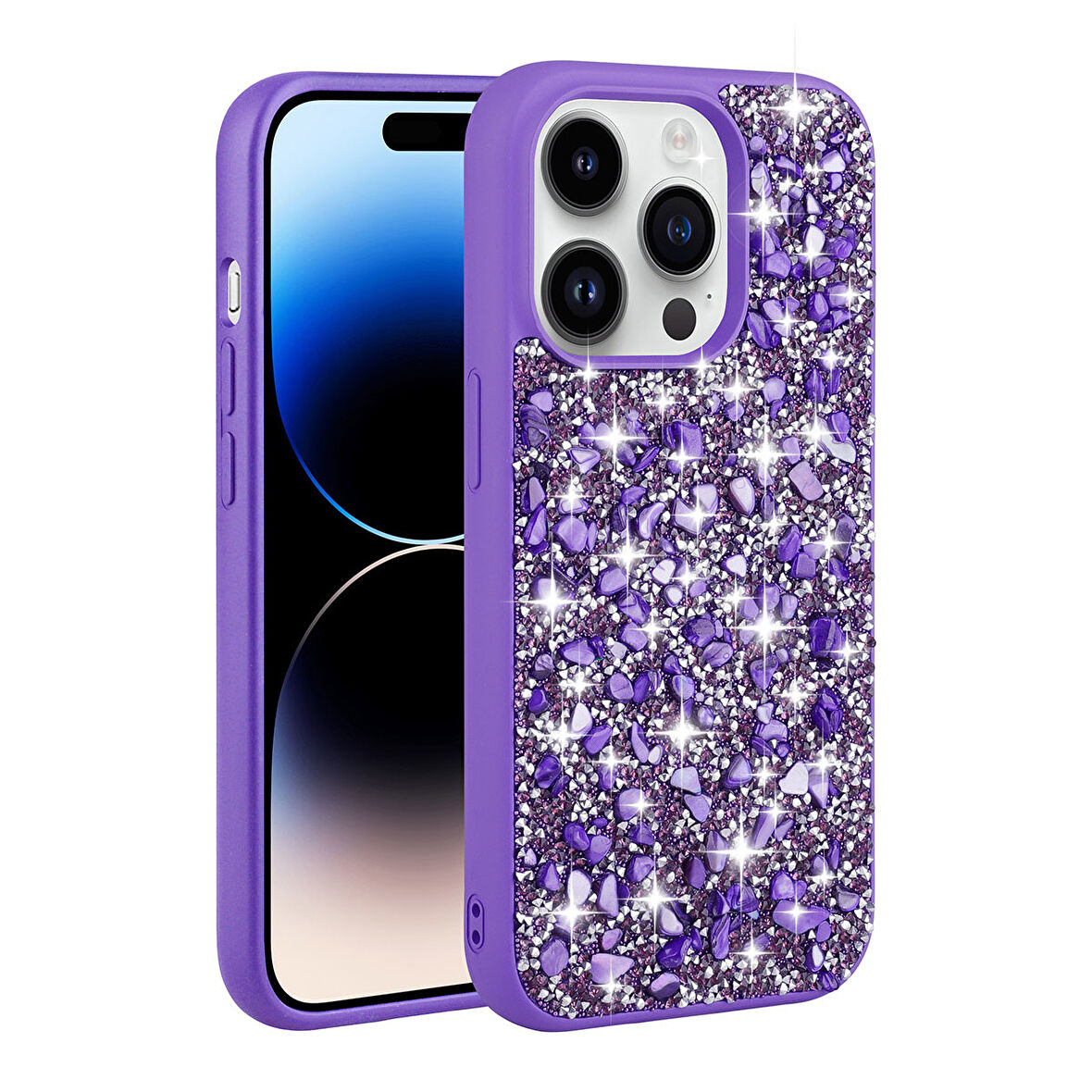 iPhone 14 Pro Uyumlu Parlak Taşlı Tasarım Zore Linea Kılıf-Mor