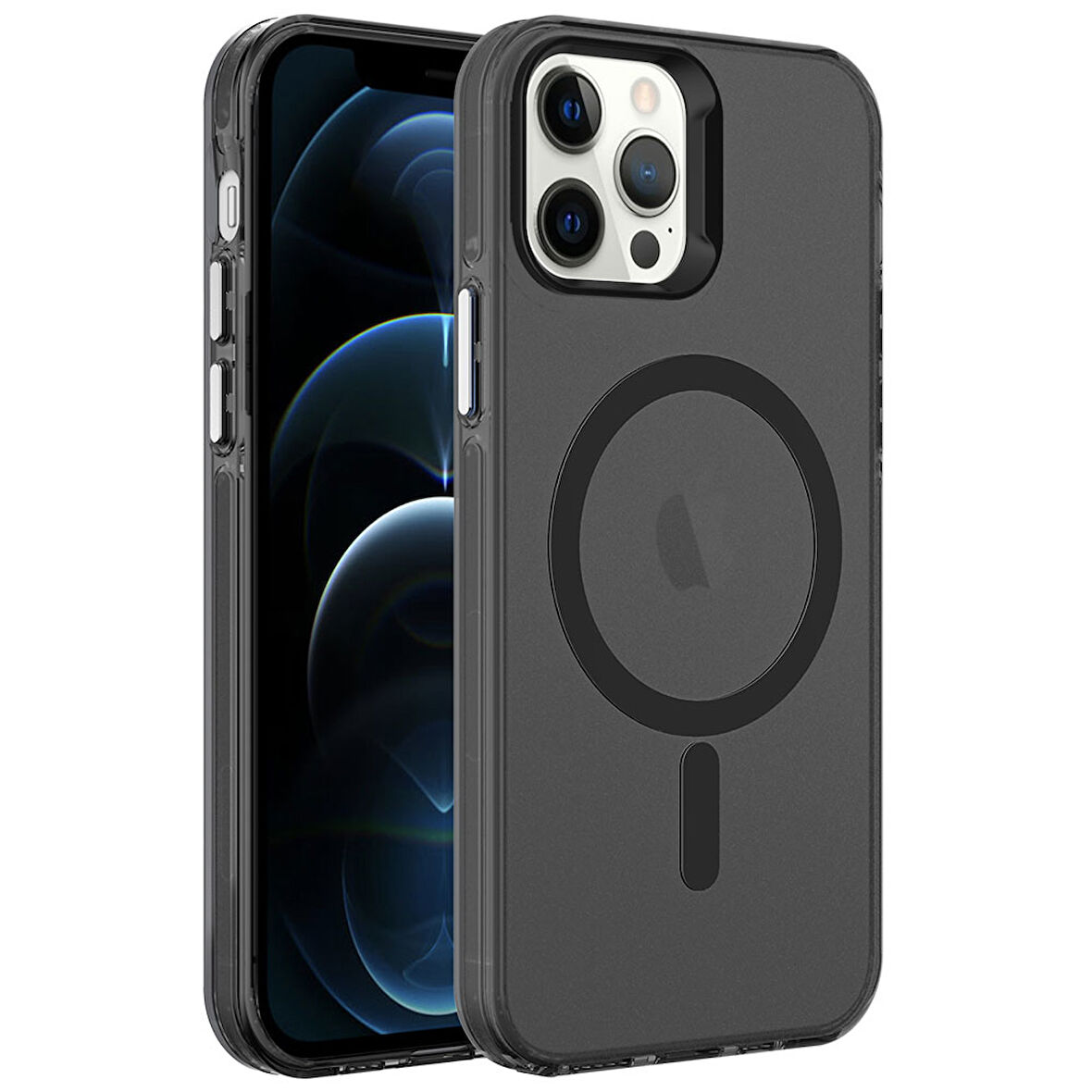 iPhone 12 Pro Max Uyumlu Zore Magsafe Şarj Özellikli Buzlu Transparan C-Pro Sert Kılıf-Siyah