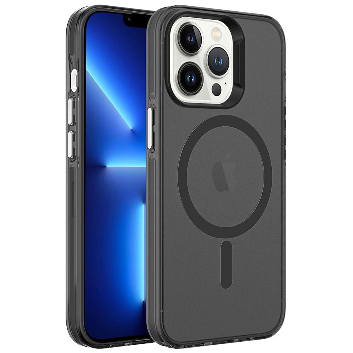 iPhone 13 Pro Max Uyumlu Zore Magsafe Şarj Özellikli Buzlu Transparan C-Pro Sert Kılıf-Siyah